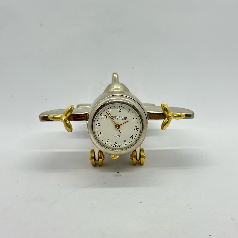 Vintage Silver Daniel David collection Airplane Aircraft Desk Shelf Clock Quartz